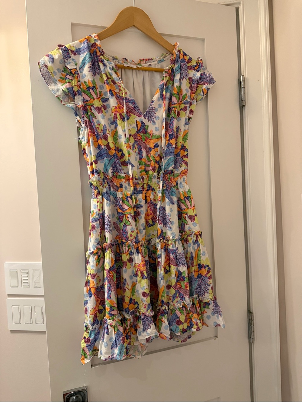 Sugarlips White Floral Tiered Ruffle Dress with Purple, Yellow & Orange Accents